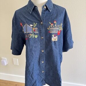 Vintage Women's 90s Denim Jean B/U Shirt Embroidered Sz XL Cottage Core Fall